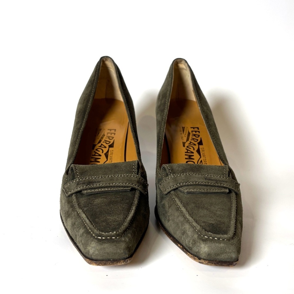 Salvatore Ferragamo Olive Green Suede Heel Loafers – Vintage Italian Designer